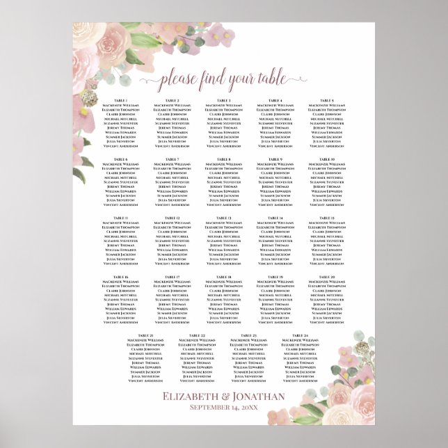 Affiche 24 Table Plan de Siège de Mariage Floral Rose Rust (Devant)