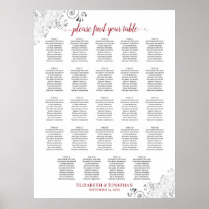 Affiche 24 Table White & Red Chic Wedding Seating Chart