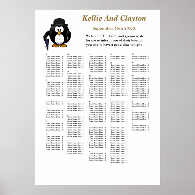 Affiche 250 Drôle Penguin Greeter Mariage Seating Chart (Devant)