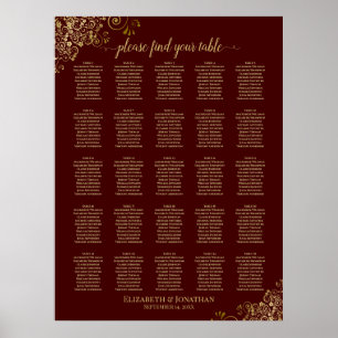 Affiche 25 Table Gold & Auburn Brown Mariage Seating Chart
