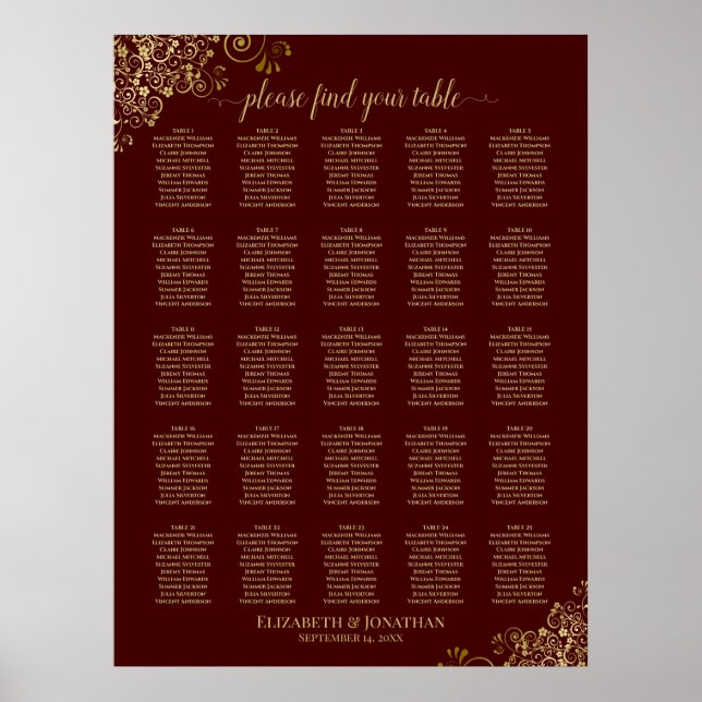Affiche 25 Table Gold & Auburn Brown Mariage Seating Chart (Devant)