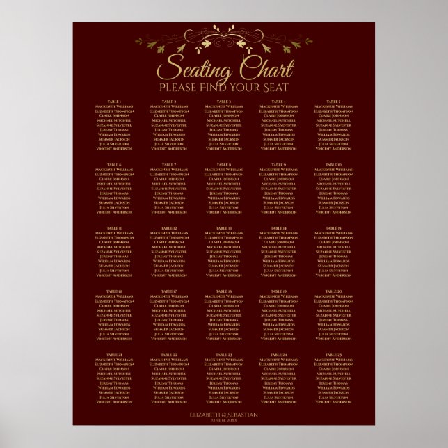 Affiche 25 Table Gold & Auburn Brown Wedding Seating Chart (Devant)