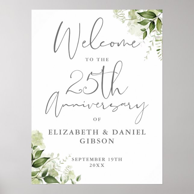 Affiche 25th Wedding Anniversary Greenery Welcome Sign (Devant)