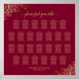 Affiche 26 Table Burgundy and Gold Wedding Seating Chart