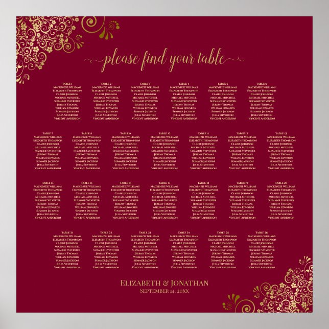 Affiche 26 Table Burgundy and Gold Wedding Seating Chart (Devant)