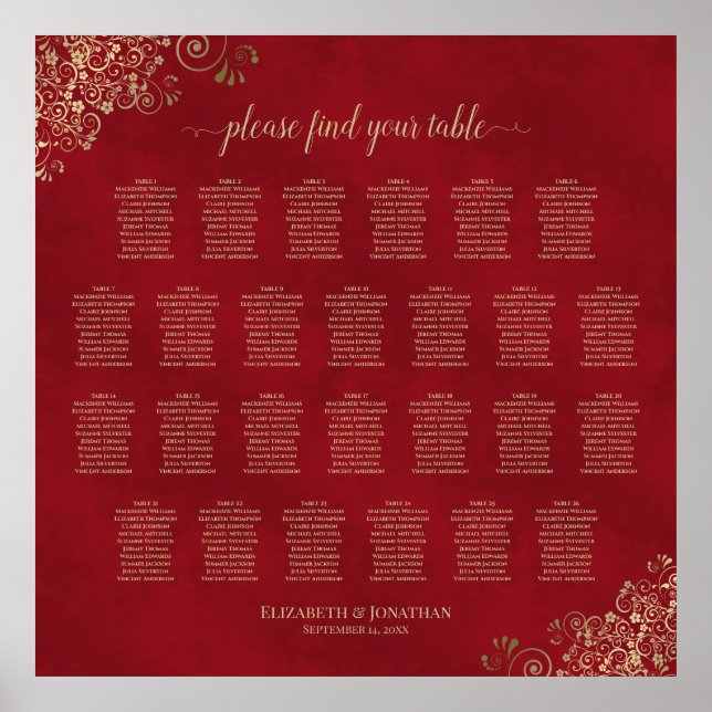 Affiche 26 Table Gold Frills on Red Wedding Seating Chart (Devant)