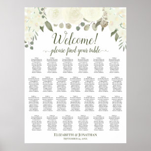 Affiche 26 Table Ivory White Roses Wedding Seating Chart