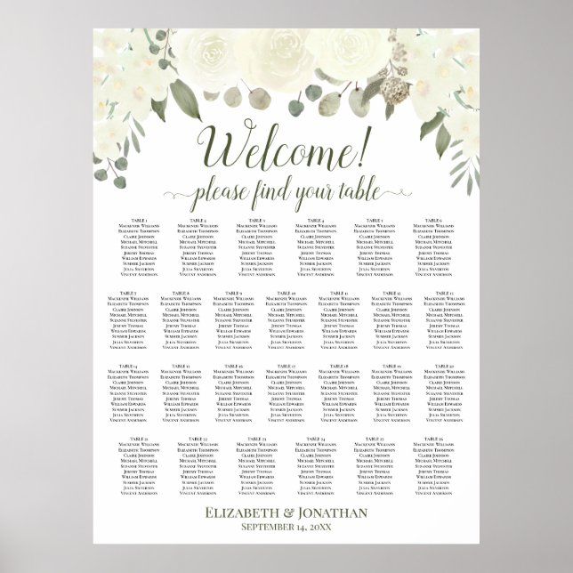 Affiche 26 Table Ivory White Roses Wedding Seating Chart (Devant)