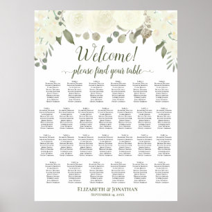 Affiche 26 Table Ivory White Roses Wedding Seating Chart
