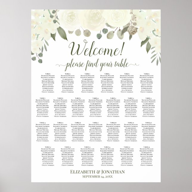 Affiche 26 Table Ivory White Roses Wedding Seating Chart (Devant)