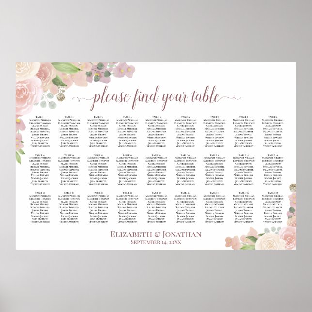 Affiche 27 Table Élégant Roses Roses Mariage Plan de Table (Devant)