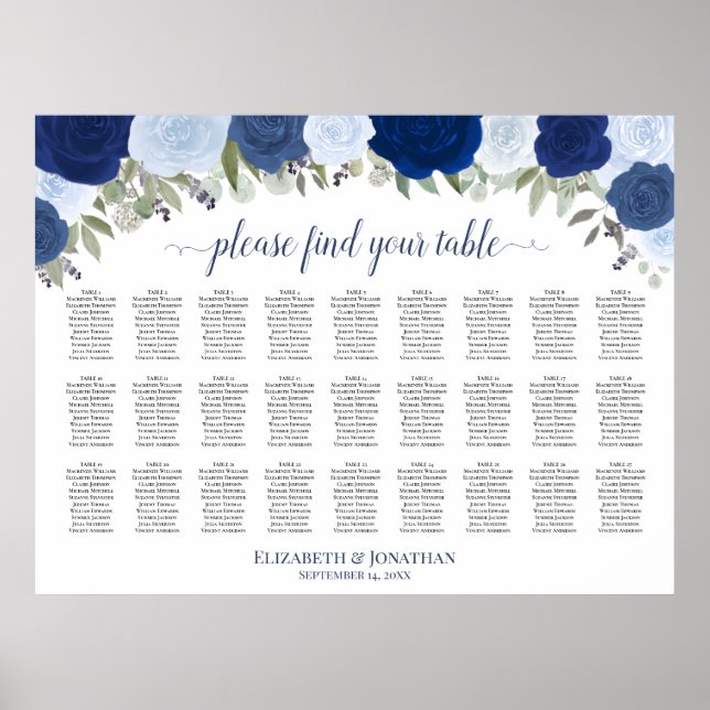Affiche 27 Table Roses Bleues Élégant Plan de Table de Mar (Devant)