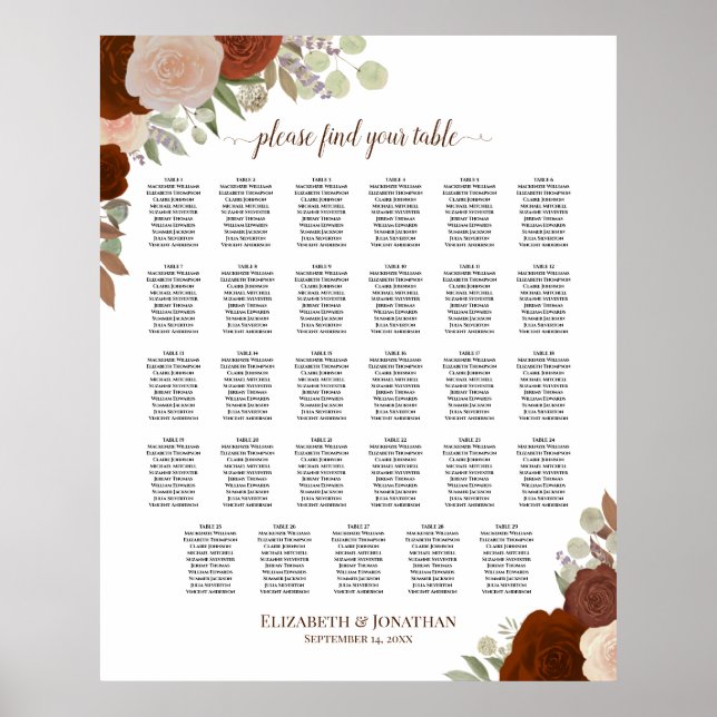 Affiche 29 Table Autumn Floral Boho Wedding Seating Chart (Devant)