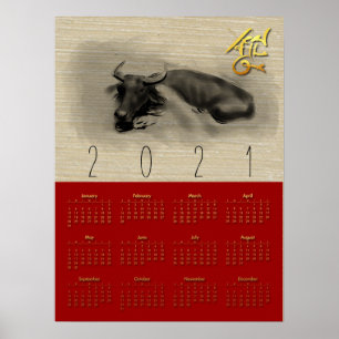 Affiche 2 Buffles d'eau chinois Ox Calendrier du Nouvel An