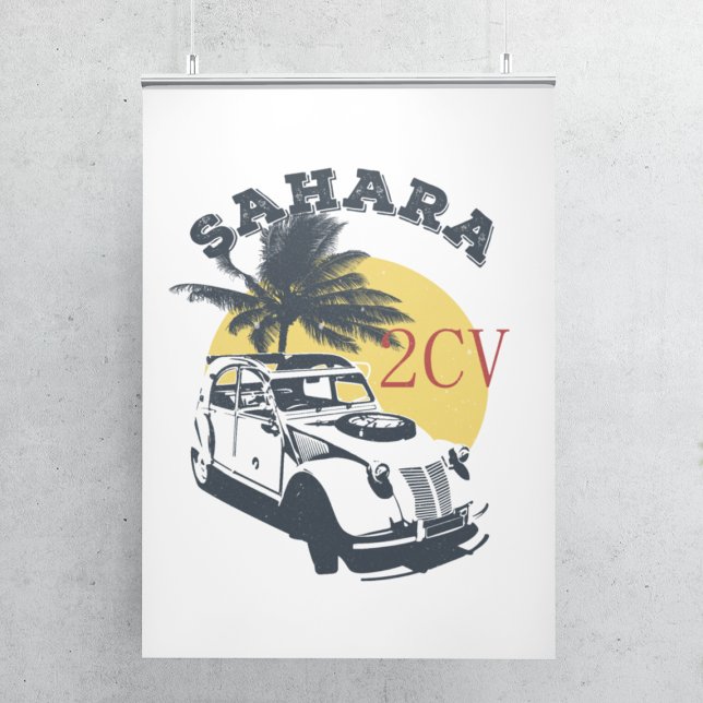 Affiche 2cv Deux Chevaux Sahara Hors Oldtimer (2CV Sahara Poster in White with a Dark Grey Yellow and Red Nature Illustration)