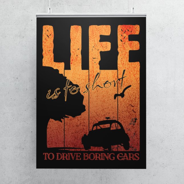 Affiche 2CV Oldtimer Life est trop court pour conduire des (2CV Poster in Black with a Orange Sunset Background)