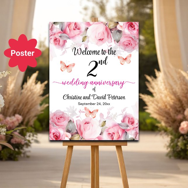 Affiche 2e anniversaire Mariage Blush Roses Bienvenue (Créateur téléchargé)