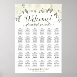 Affiche 30 Table Ivory White Roses Wedding Seating Chart