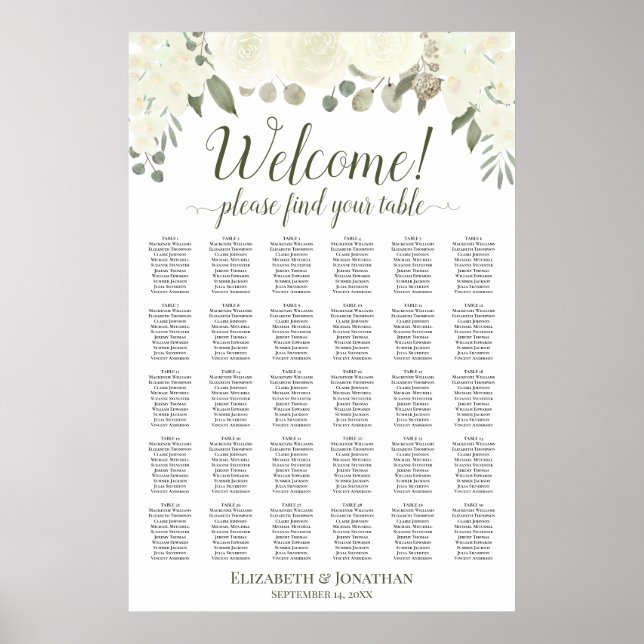 Affiche 30 Table Ivory White Roses Wedding Seating Chart (Devant)