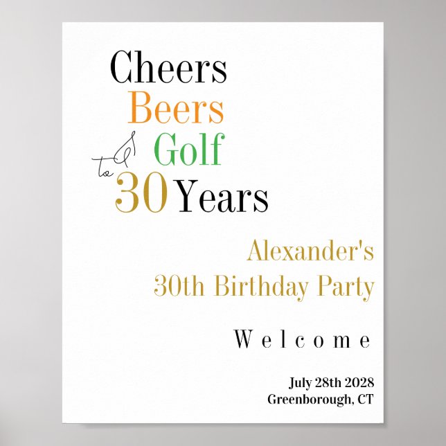 Affiche 30e anniversaire Golf Cheers Bières Party Bienvenu (Devant)
