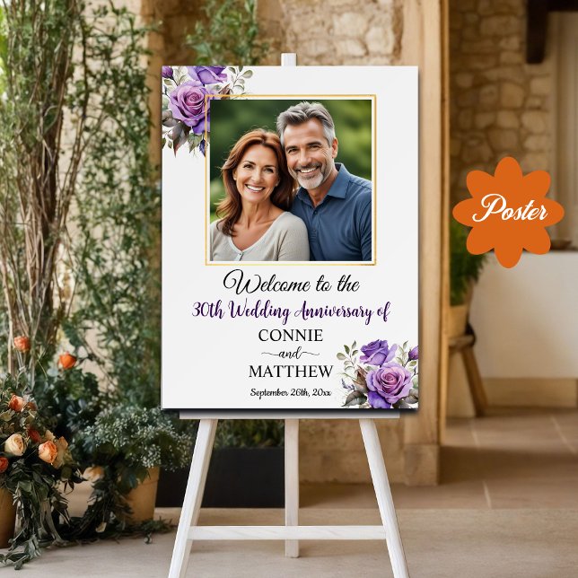 Affiche 30e anniversaire Mariage Gold Frame Roses violets (Créateur téléchargé)