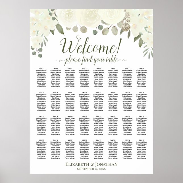 Affiche 32 Table Plan Mariage Roses Blanches Ivoire (Devant)