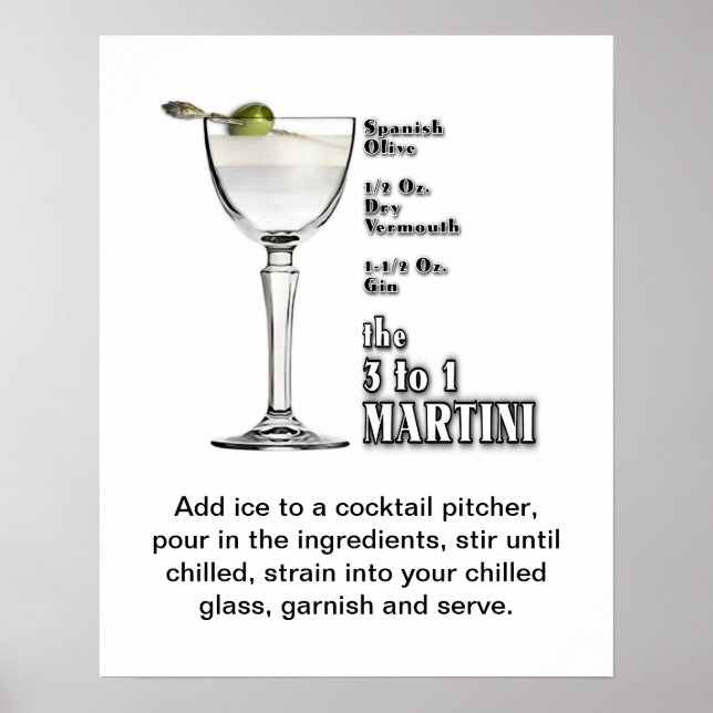 Affiche 3 à 1 (Wet) Cocktail Martini Recette Art 16"x20" (Devant)