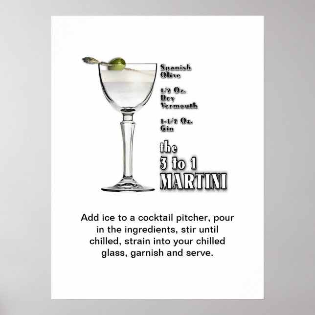 Affiche 3 à 1 (Wet) Cocktail Martini Recette Art 18"x24" (Devant)