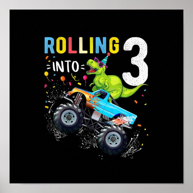 Affiche 3 ans Anniversaire Dinosaur Monster Famille de cam (Devant)
