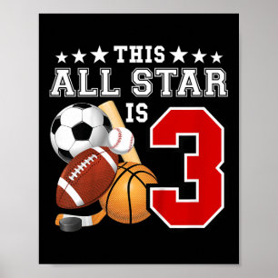 Affiche 3 Ans Sports Star Anniversaire Fête Tous Sport 3r