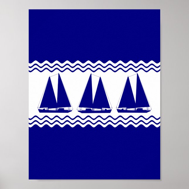 Affiche 3 Bateaux Marine Bleu Et Blanc Décor Côtier (Devant)