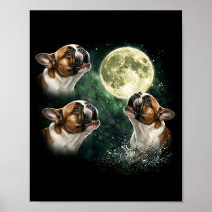 Affiche 3 bouledogues français hurlant à la lune angle vin