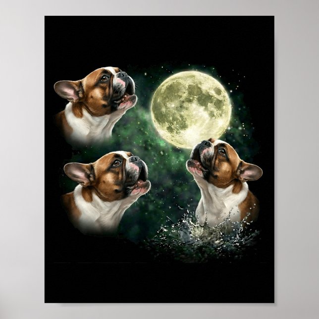Affiche 3 bouledogues français hurlant à la lune angle vin (Devant)