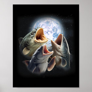 Affiche 3 Catfish Hurling À La Lune Drôle Pêche Catfish