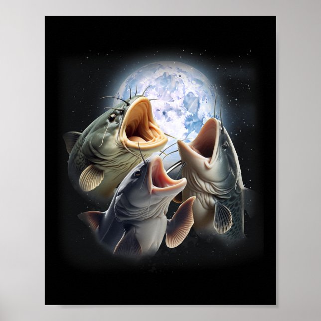 Affiche 3 Catfish Hurling À La Lune Drôle Pêche Catfish (Devant)