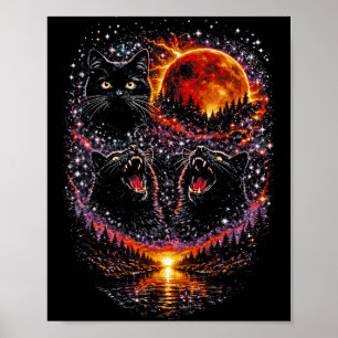 Affiche 3 chats noirs hurlants lune de sang cosmique présa
