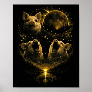 Affiche 3 cochons drôles hurlant lune de sang rouge éclips