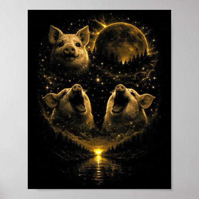 Affiche 3 cochons drôles hurlant lune de sang rouge éclips (Devant)