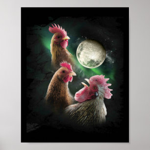 Affiche 3 poulets Lune Loup Poules Loups hurlants