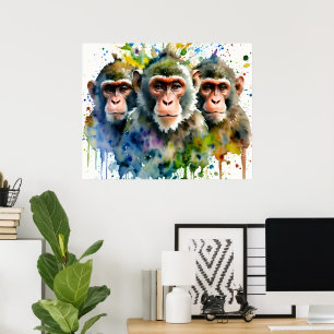 Affiche 3 singes colorés aquarelle Art