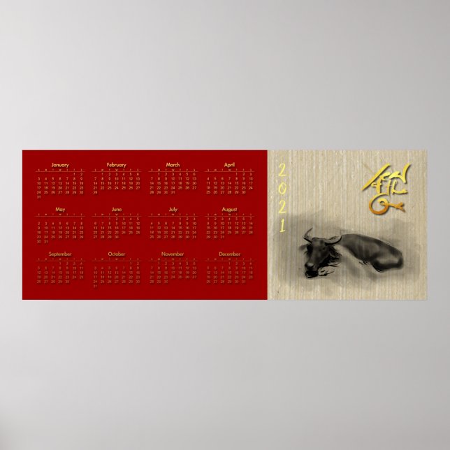 Affiche 3 Water Buffalo Chinese Ox New Year Calendar 46x17 (Devant)