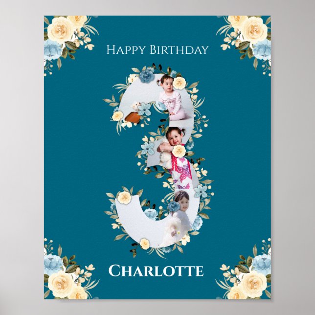 Affiche 3e anniversaire Photo Turquoise Collage bleu jaune (Devant)