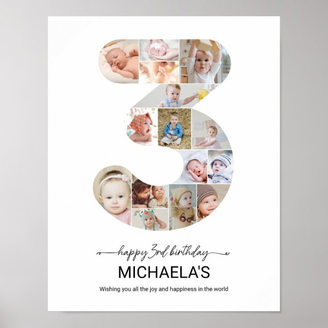 Affiche 3rd Birthday Number 3 Photo Collage Custom Picture (Devant)
