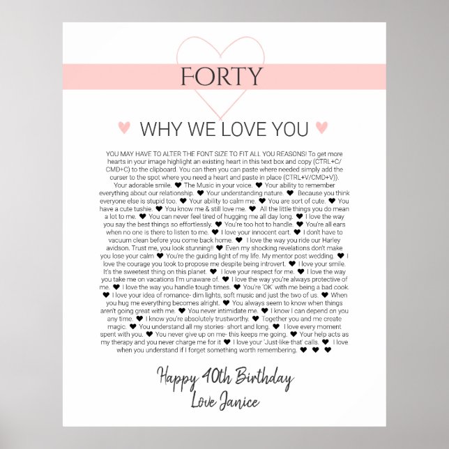 Affiche 40 choses que j'aime chez toi anniversaire de mari (Devant)