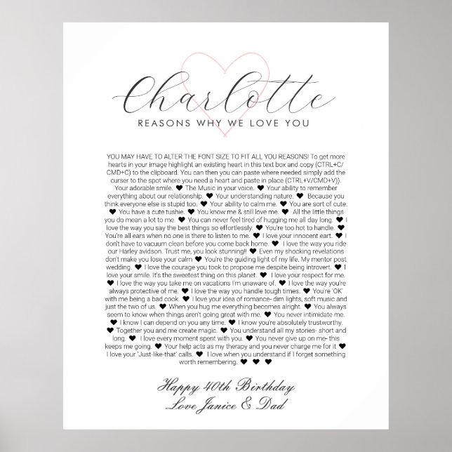 Affiche 40 choses que j'aime de toi anniversaire de mariag (Devant)