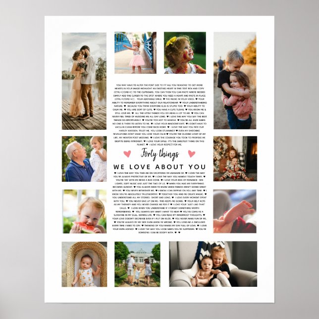 Affiche 40 choses que nous aimons de toi cadeau photo d'an (Devant)
