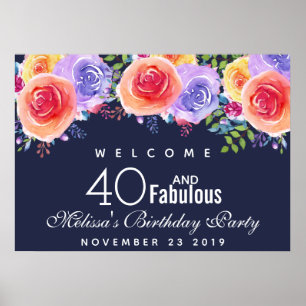 Affiche 40 et texte fabuleux - Aquarelle Floral Anniversai