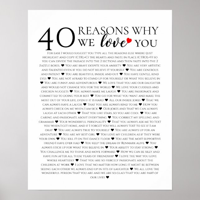 Affiche 40 Raisons pour lesquelles nous t'aimons Cadeau d' (Devant)
