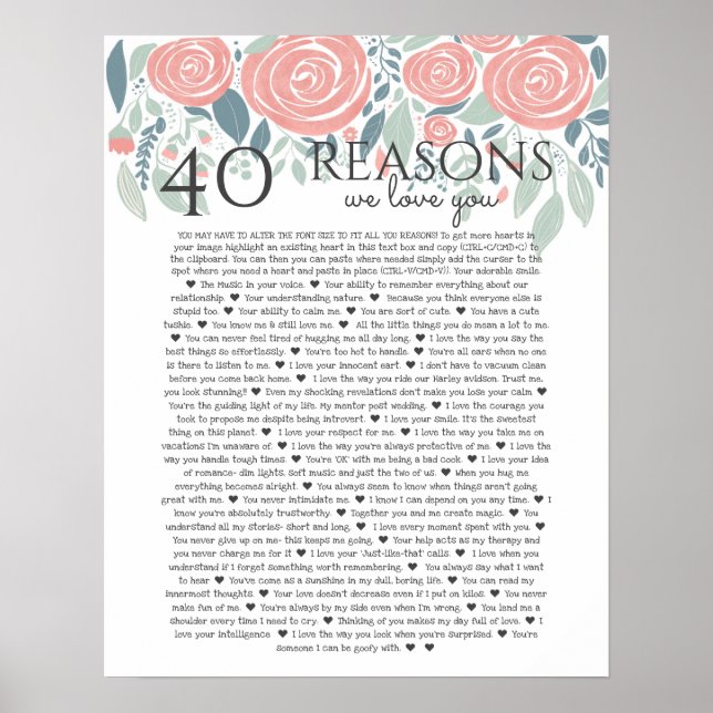 Affiche 40 raisons pour lesquelles nous vous aimons roses  (Devant)