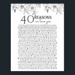 Affiche 40 reasons why we love you floral line drawing<br><div class="desc">This is a DO IT YOURSELF XX Reasons why we love you. roses reasons we love you,  editable 50 Reasons,  60th birthday,  editable,  80th birthday,  memories,  love you,  mom,  You can edit the main body text. Designed by The Arty Apples Limited</div>